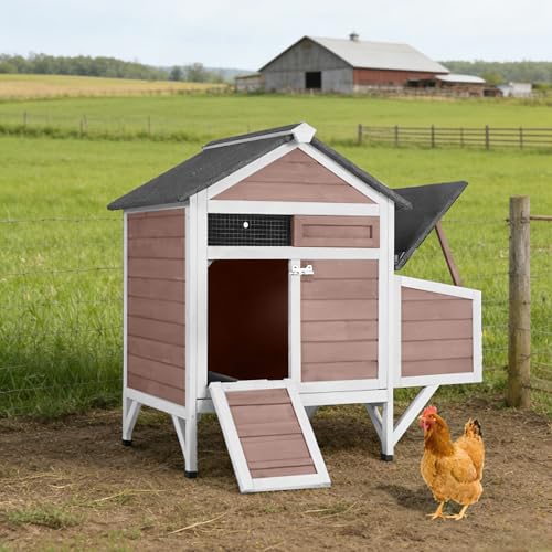 Chicken Coop Outdoor Weatherproof Chicken House with Lockable Nesting Box Slide-Out Cleaning Tray 2 Round Perches & Elevated Predator-Proof Base for 2-4 Chickens Ducks Brown - color: Brown