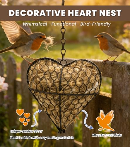 Bird Nesting Heart with Natural Fibers, Refillable Material Holder | For hummingbirds, outdoor garden art decor, gift for bird lovers