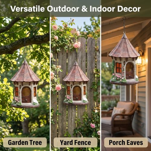 Hanging Bird House for Outside, Cone-Roof Resin Bluebird House with Hanging Chain, Waterproof & Practical Forest Bird Houses, Decorative Stone Hanging Birdhouse for Yard Garden Outdoor Decor