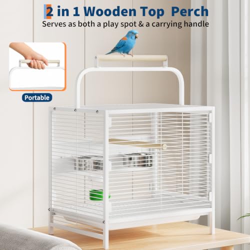 25.9''H Travel Bird Cage for Small Parrots Wrought Iron Portable Carrier Parrot Cage with Food Bowl/Perch, Slide-Out Tray for Canaries Budgies Parrotlets Lovebirds Conures Cockatiels, White | Wrought Iron Portable Carrier Parrot Cage w/ Slide-Out Tray for