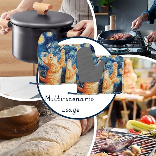 Kitchen Mitts Set,Cute Cat Oven Mitts and Pot Holders Sets,Thick Cotton Heat Resistant Blue Starry Sky Hot Pan Holder Extra Long Cooking Mitts for Cooking Baking Grilling BBQ Bakeries - color: Cute Cat