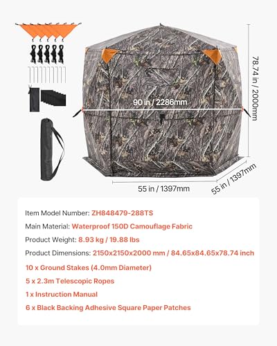 VEVOR Hunting Blind，See Through Ground Blinds with Carrying Bag, 360 Degree Portable Camouflage Tent，Durable Concealed Shelter with Silent Side Door and Window, for Turkey and Deer - size: 6-7 Person（288° See Through ）