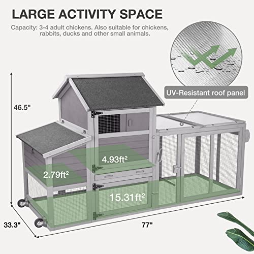 Large Chicken Coop Expandable Chicken House for Outdoor with Wheels, Nest Box, Leakproof Pull-on Tray and UV-Resistant Roof Panel - color: Grey (AIR27)