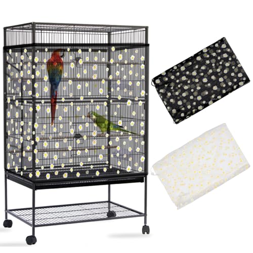 Daoeny 2PCS Bird Cage Seed Catcher, Large Bird Cage Cover, Adjustable Soft Airy Nylon Mesh, Birdcage Cover Skirt Seed Guard for Parrot Parakeet Macaw Round Square Cages (Black & White Daisy) - color: Black & White Daisy