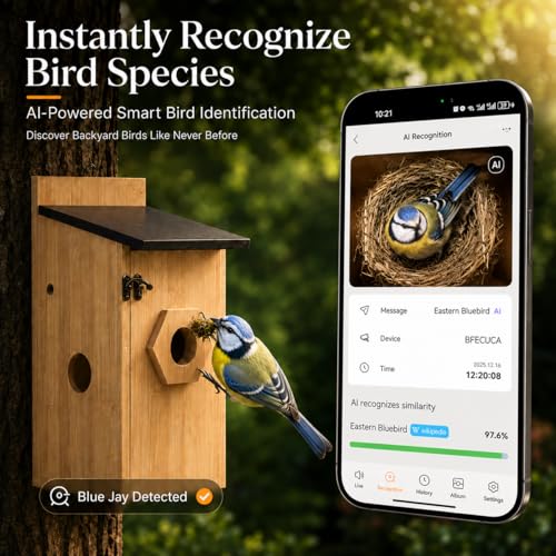 Smart Bird House with Camera - Solar Powered AI Bird Feeder with 4MP Color Night Vision, AI Species Recognition & IP66 Waterproof, Ideal Gift for Bird Lovers | 4MP Color Night Vision Camera, AI Bird Recognition, Solar Powered, 2.4GHz WiFi, Easy Setup, Sma