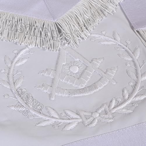 Masonic Past Master Sheepskin Apron - All White, Hand-Embroidered with Wreath Fringe