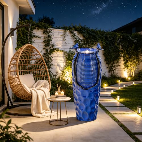 Autodaya 33" Vase Ceramic Outdoor Water Fountain with Lights and Birds | cobalt blue glazed water feature with textured design, ambient soothing cascading water flow for garden patio yard sanctuary - color: 33"h-hammered Cobalt Blue
