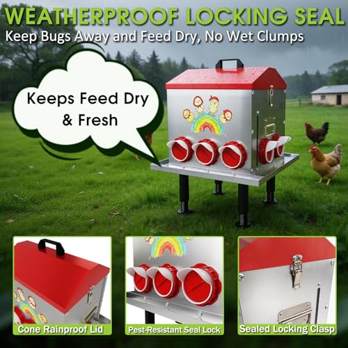 StellarStar 85LB Large Automatic Chicken Feeder with Window | 10 Ports, No-Waste Tray, Adjustable Legs & Locking Lid, Rust-Proof Metal, Waterproof Poultry Feeder for Chickens/Ducks/Geese