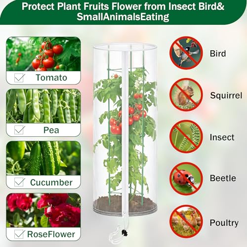 2PCS Garden Netting Plant Cover for Round Tomato Cage 59"x17" | Insect Bird Barrier, With Zipper and Drawstring, Tomato Planter Trellis Netting, For Vegetable Fruit Flower Protector