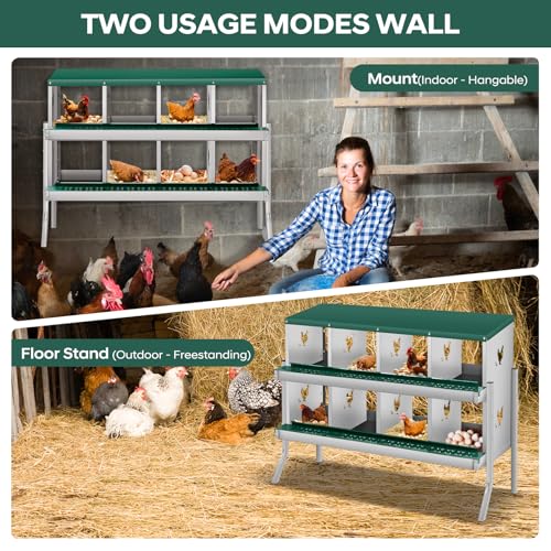 GarveeLife Chicken Nesting Box, 8 Compartments Nesting Box for Chickens, Two-Tier Galvanized Steel Chicken Egg Laying Box with Large Vented Holes Wall Mounting for Easy Egg Collection - color: Green | 8 Compartments