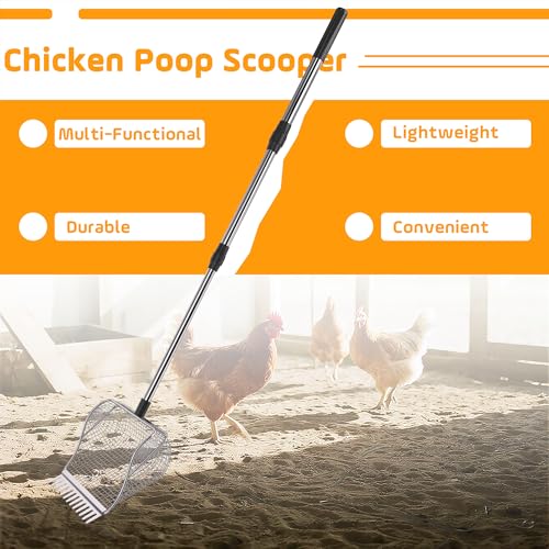 Chicken Poop Scooper for Chicken Coop, Stainless Steel Durable Manure Shovel with Infinitely Adjustable Length Handle, Poultry Cleaning Tool (1-Pack)