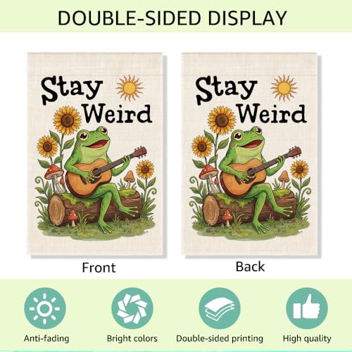 RZHV Stay Weird Double-Sided Garden Flag for Outdoor House Yard Sign Garden Decor Parade, Funny Frog Playing Guitar Sun Vertical Flag, Diversity Inclusive Outdoor Lawn House Patio Banner Decoration - color: Weird A