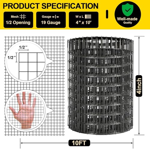 Black Hardware Cloth 4'' x 10' PVC Steel Vinyl Coated 1/2 inch Galvanized Wire Mesh Roll (19 GA) Chicken Wire Fence Roll, for coop Fences,Screen mesh, Rabbit/Snake Fences, Poultry enclosures, etc. - color: 19(GA)-1/2inch, size: 4In x 10Ft