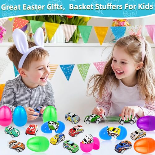 12 Pack Easter Eggs with Pull Back Race Cars Toys, 2.2" Colorful Mini Vehicles in Surprise Eggs for Egg Hunt, Easter Basket Stuffers Gifts Birthday Party Favors for Boys Ages 3+ - style: 12 Pack Easter Eggs with Pull Back Cars