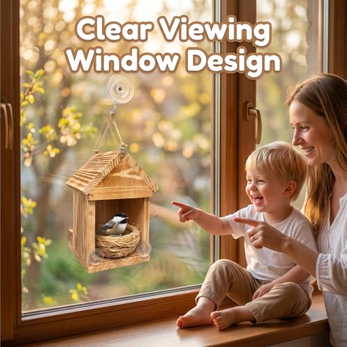 Window Bird House for Outside, Wooden Birdhouse with Vacuum Suction Cup, Clear Viewing Back, Built-in Feeder Attracts More Birds, Hang on Windows or Trees, Easy-Clean Nest Box - color: Back