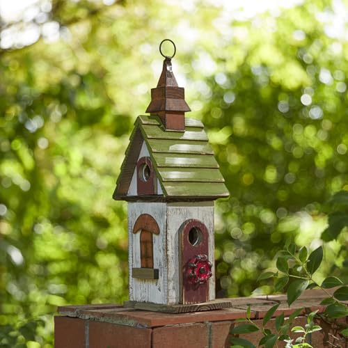 Glitzhome Bird Houses for Outside, Bluebird Houses for Outdoors,15.75"H Solid Wood Birdhouse Distressed Cottage Decorative Hanging Outdoor Garden Bird House for Wren Sparrow Hummingbird Finch Cardinal - color: 15.75"H White&Green