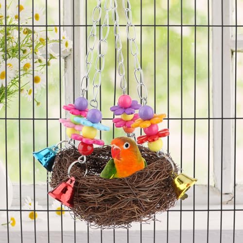 Hypeety Natural Rattan Nest Bird Swing Toy Colorful Flowers Bells for Budgie Parakeet Finch Lovebird Cockatiel (C) - color: C
