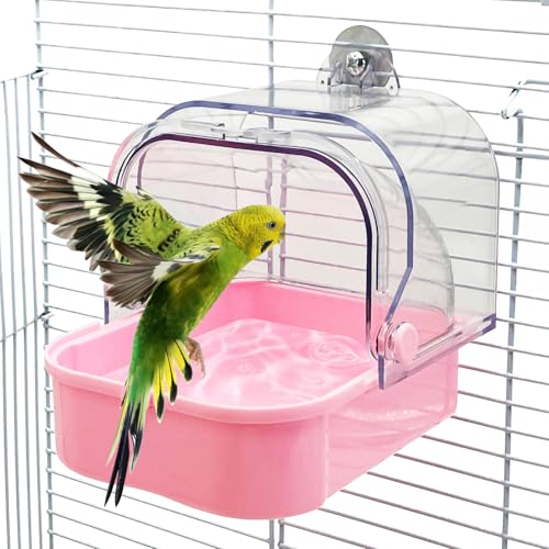 Tfwadmx Bird Cage Bath Hanging Parrot Bath Tub Water Shower Food Feeder Holder Tray Bird Bath Supplies for Small Birds Canary Budgies Cockatiel Lovebirds (Pink) - color: Pink