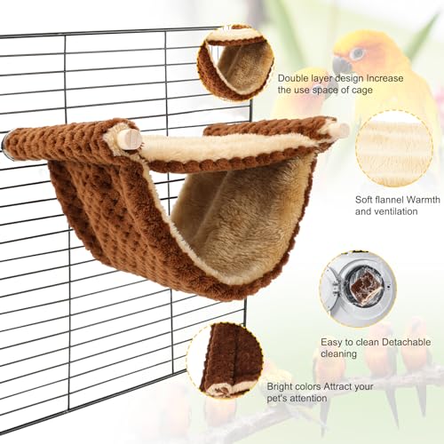 BWOGUE Bird Nest Bed Hanging Hammock, Parakeet Bed for Cage, Cockatiel Bed | Warm Fleece Snuggle Hut, Double-Layer Comfort, Wooden Perch Setup, Washable Hammock - color: Coffee, size: Medium (9"x7.2")