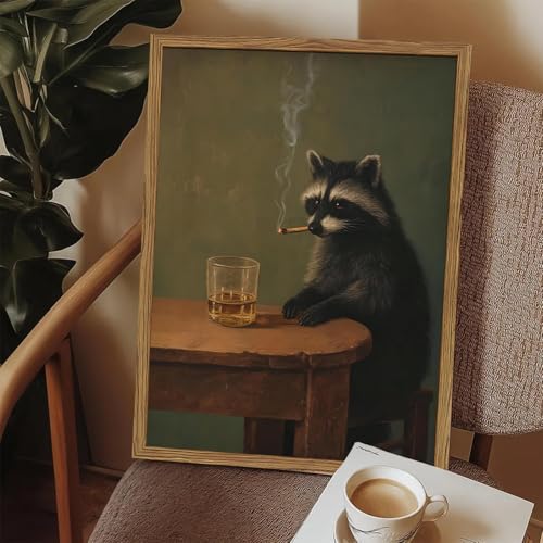 Whimsical Raccoon Wall Art Funny Raccoon Wall Decor Picture Dark Academia Animal Poster Canvas Painting Prints for Living Room Bar Bedroom 12x16 inch Wood Framed - color: Animal -R, size: 16"L x 12"W