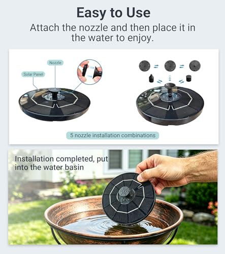 6.3" Solar Bird Bath Fountain with Color LED Lights | 9V/2W Solar Fountain Pump, 800mAh Battery Backup, 4 Fixed Rods 5 Spray Patterns for Birdbath Pond Patio Flowing Water Feature
