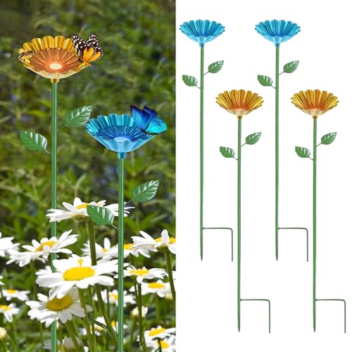 M METERXITY 4-Pack Bee Watering Station, 64cm/25 Inch Iron Bee Bath for Garden Water Feeder, Colorful Butterfly Bath Bowl for Outdoor/Garden/Yard Decor [Blue/Yellow] - color: Blue, yellow