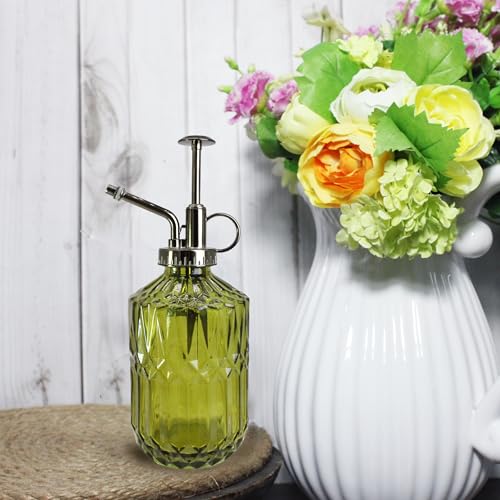 Glass Plant Mister Spray Bottle, 400ML Vintage Plant Spritzer with Top Pump Watering Can for Indoor Outdoor House Plants, Flowers (Green) - color: Yellow Green