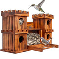 MIXUMON Castle-Style 4 Room Wooden Birdhouse with Large Center Feeder, Outdoor Multi-Room Bird House for Garden & Backyard, 1.57" Entrance Hole, Easy-Clean Access Doors, Twin Tower Decorative Design