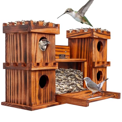 MIXUMON Castle-Style 4 Room Wooden Birdhouse with Large Center Feeder, Outdoor Multi-Room Bird House for Garden & Backyard, 1.57" Entrance Hole, Easy-Clean Access Doors, Twin Tower Decorative Design