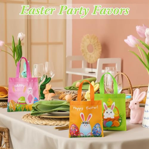 Sweetude 180 Pcs Easter Tote Bags Bulk Easter Gift Treat Bags with Handles Reusable Non Woven Bunny Rabbit Egg Goodie Party Favor Packages for Party Supplies