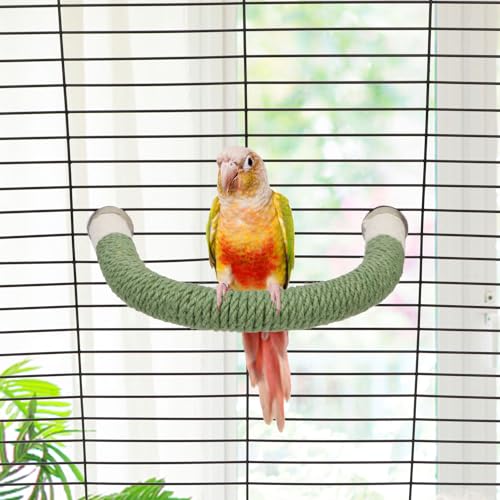 Hypeety U Shape Bird Hemp Rope Perch Parrot Cage Paw Grinding Stick Stand | U shape, natural wood with hemp rope, grinding paw naturally, birdcage accessories, for budgies/cockatiels/conures, green, L