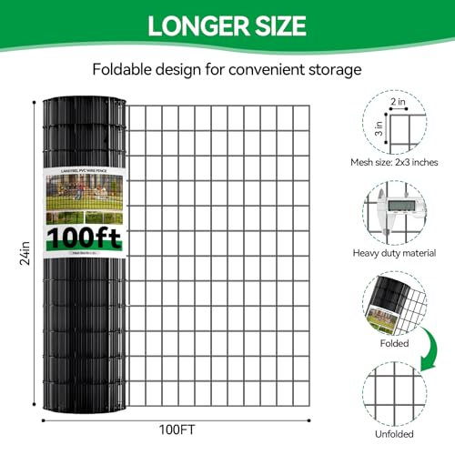 Welded Wire Fence, 100t(L) x 24inch(H) PVC Anti-Rust Coated Wire Mesh, 2 Inch x 3 Inch 16GA Garden Edging Border, Roll Metal Animal Barrier for Yard Vegetable Plant Protection Poultry Netting - size: 100t(L) x 24inch(H)