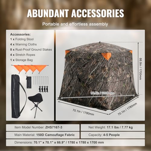 VEVOR Hunting Blind，See Through Ground Blinds with Carrying Bag, 360 Degree Portable Camouflage Tent，Durable Concealed Shelter with Silent Side Door and Window, for Turkey and Deer - size: 4-5 Person（270°See Through) (H-69''）