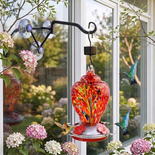 Hand Blown Glass Hummingbird Feeder with Heavy-Duty Metal Window Suction Cup Hangers Colorful Glass Bird Feeder and Window Hook with Accessories (Red)