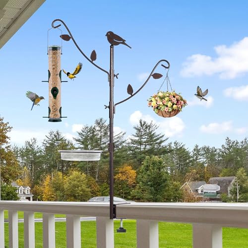 YINGYM Deck Bird Feeder Pole with Bird Bath, Two Adjustable Branches | 42 Inch Porch Multi-Hook Bird Feeder Hanging Kit for Outside Bird Feeder and Plant Hangers - size: 42 Inches without Squirrel Baffle