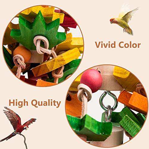 MQ Parrot Chewing Toy for Large and Small Parrots and Birds, Natural Wood Block Tearing Toy with Multicolored Maple Leaf Design, Beak Trimming Toy for African Grey Cockatoos and Amazon Parrots.
