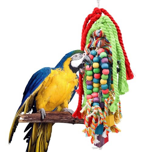 Large Bird Chewing Toys, 21.7 × 5.1 inch Parrot Shredding Wooden Block and Cotton Rope Toys, Cage Accessories for Small to Large Birds Cockatiel Parakeets Lovebirds Conure Macaw African Grey Amazon