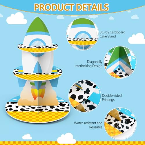 3 Tier Cartoon Story Party Decoration Cupcake Stand Cartoon Story Cupcake Tower Rocket Cake Holder Dessert for Birthday Party Baby Shower Dessert Table Decor Supplies - style: Toy