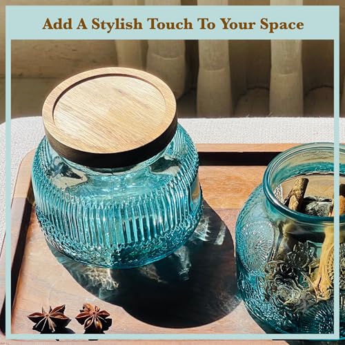 Decorative Blue Ribbed Glass Jar with Airtight Wooden Lid, 25.4 fl. oz | Wide mouth vintage storage canister, kitchen pantry bathroom organization, coffee sugar tea cookie candy candle vase gift - size: 25.4 Ounces, style: Blue Ribbed