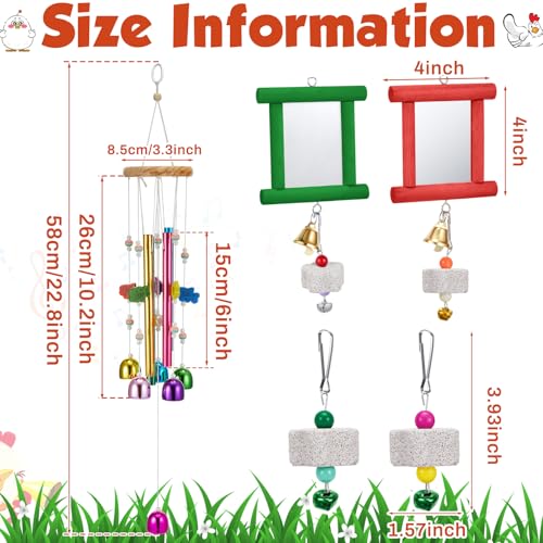 VioraWhite 7 Pcs Chicken Toys, Hanging Chicken Wind Chime, 2 Pcs Coop Mirror Toys with Bells 4 Pack Beak Grinding Stones, Musical Coop Accessories for Hen Rooster Chick Poultry Bird(Rose Red, Green) - color: Rose Red, Green