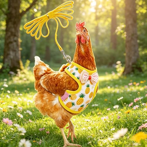 Chicken Harness and Leash Set Adjustable Mesh Breathable Pets Leashs Duck Training Harness for Goose Hen Rooster Parrots Dog Kitten,Yellow Pineapple S - color: Yellow, size: S (Chest 9.8-11.8)