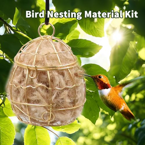 2 Pack Bird Nesting Material Cage Holder for Wild Birds, Hummingbird Nesting Material Kit, Gift for Bird Lovers, Hanging Nesting Supply Dispenser with Metal Hook for Outdoor Use