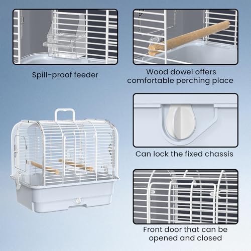 Travel Bird Carrier Cage,Parakeet Portable Cage with Feeder Cup & Standing | Transparent Small Bird Cage,Side-Opening Double Doors,Top Handle,4.9-inch Pull-Out Raised Chassis,Easy to Install