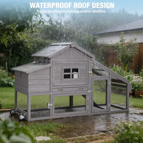 Mobile Chicken Coop with Wheels, Large Wooden Hen House with Run, Chicken Tractor with Waterproof Roof, Nesting Box & Pull-Out Tray, Outdoor Poultry Cage for Backyard Chickens/Rabbits (Grey) - color: Grey