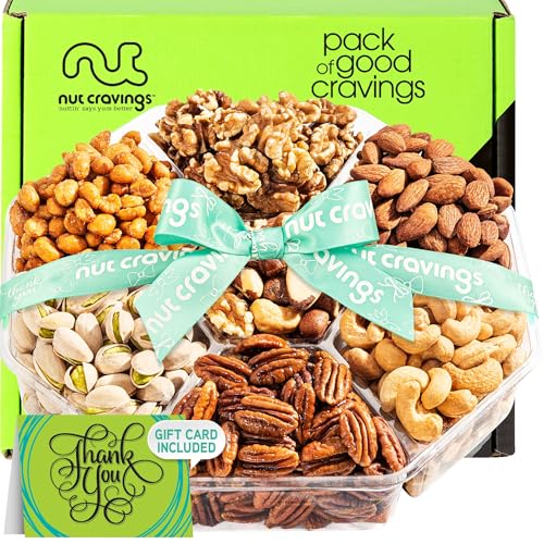NUT CRAVINGS - Thank You Appreciation, Mixed Nuts (7 Assortments) | Gift Basket with Thank You Ribbon + Greeting Card, Food Platter, Healthy Snack Care Package, Food Assortments - style: 5. Thank You - Deluxe (7 Assortment)