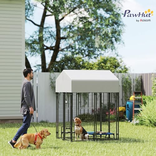 PawHut Outdoor Dog Kennel with Roof, 4' x 4' x 6' Heavy Duty Welded Wire Dog Playpen Enclosure with Escape-Proof Lock, UV-Resistant & Waterproof Cover, for Medium Dogs, Chickens, Ducks, Silver | Heavy Duty Welded Wire Dog Playpen Enclosure, Escape-proof L