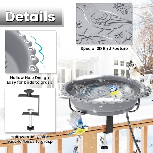 Heated Bird Bath for Outdoors,Deck Railing Heated BirdBaths,Grey | Upgraded 100W,Thermostatically Controlled,Adjustable Clamp 3.2",Easy Clean/Install,Detachable Bowl,Garden Yard Patio Lawn - color: Gray