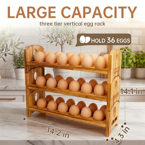 Wooden Egg Holder, 3 Tier 36 Egg Capacity, Farmhouse Egg Holder for Countertop, Stackable Egg Storage Rack for Fresh Eggs, Rustic Wooden Egg Organizer with Handles for Kitchen Counter