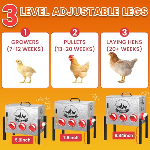 10-Gal Metal Automatic Chicken Feeder with 8 Feeding Ports | 55LB Capacity, Anti-Waste Design, Rust-Proof Alloy Steel, Clear Viewing Window, 3-Level Legs for Outdoor Chicken Coops - size: 10GAL-55LB