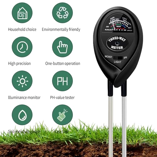3-in-1 Soil Moisture Meter, Test Soil Moisture, Upgraded Stainless Steel Probe Soil pH/Light/Moisture Meter for Plants, Soil Test kit, Soil Tester for Garden, Farm, Lawn, Indoor & Outdoor - color: BLACK